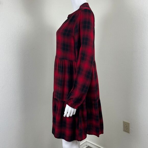 Knox Rose Womens Size M Red Plaid Long Sleeve Tiered Button Down Mini Dress - Picture 12 of 13